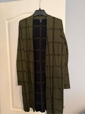 Alfani Olive & Black Windowpane Open Front Long Jacket